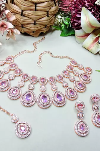 Purple rose gold premium designer american diamond and stone work necklace set