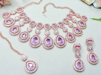 Purple rose gold premium designer american diamond and stone work necklace set 3