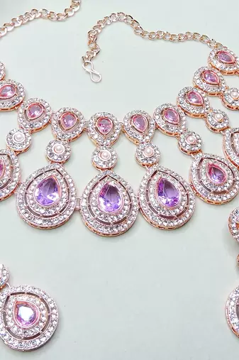 Purple rose gold premium designer american diamond and stone work necklace set