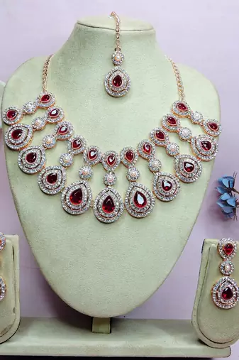 Maroon rose gold premium designer american diamond and stone work necklace set