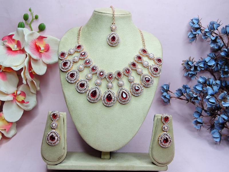 Maroon rose gold premium designer american diamond and stone work necklace set