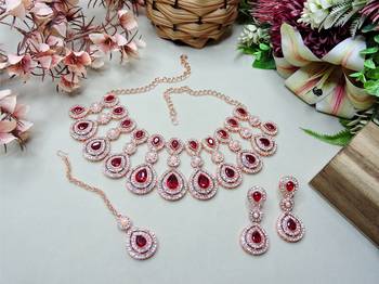 Maroon rose gold premium designer american diamond and stone work necklace set 2