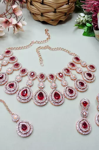 Maroon rose gold premium designer american diamond and stone work necklace set