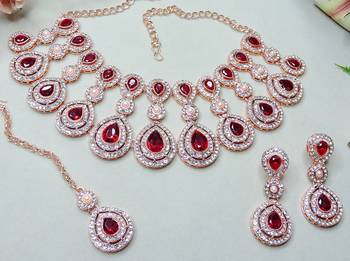 Maroon rose gold premium designer american diamond and stone work necklace set 3