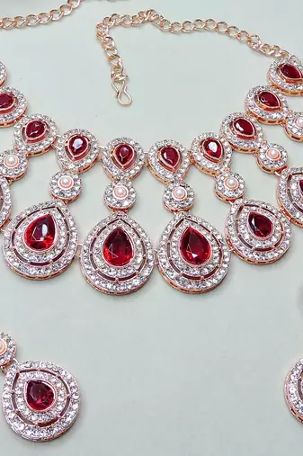 Maroon rose gold premium designer american diamond and stone work necklace set