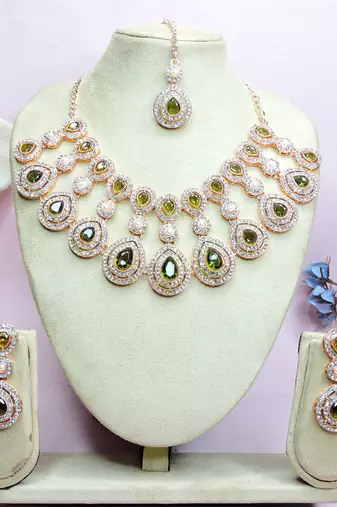 Green rose gold premium designer american diamond and stone work necklace set