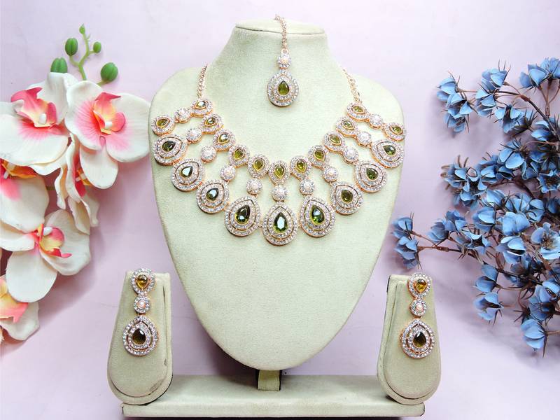 Green rose gold premium designer american diamond and stone work necklace set