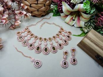 Green rose gold premium designer american diamond and stone work necklace set 2