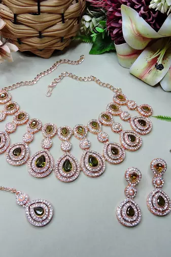 Green rose gold premium designer american diamond and stone work necklace set