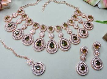 Green rose gold premium designer american diamond and stone work necklace set 3