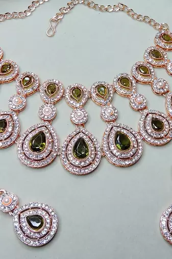 Green rose gold premium designer american diamond and stone work necklace set