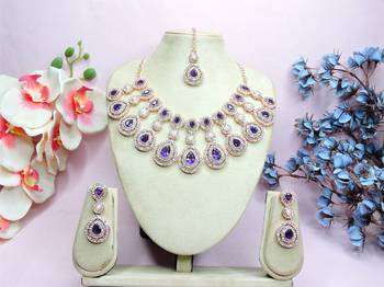 Blue rose gold premium designer american diamond and stone work necklace set 1