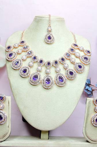 Blue rose gold premium designer american diamond and stone work necklace set