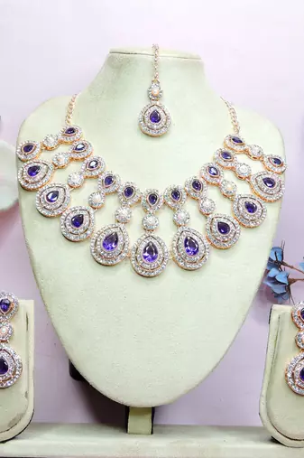 Blue rose gold premium designer american diamond and stone work necklace set
