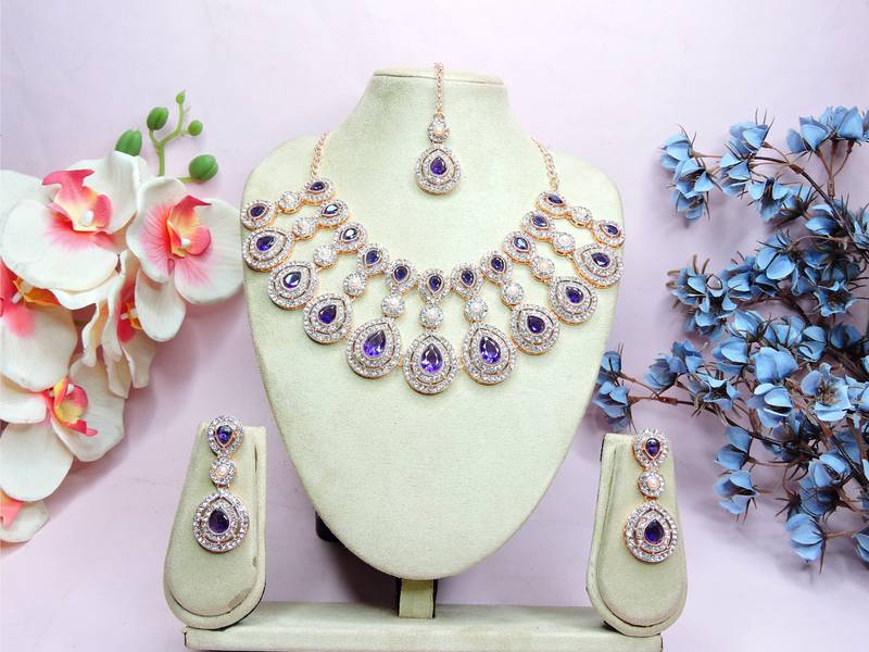 Blue rose gold premium designer american diamond and stone work necklace set