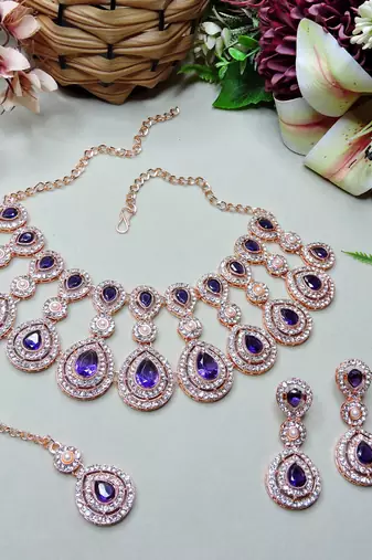 Blue rose gold premium designer american diamond and stone work necklace set