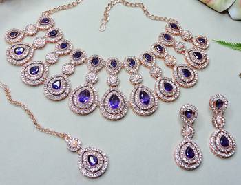 Blue rose gold premium designer american diamond and stone work necklace set 3