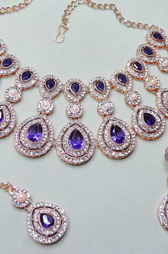 Blue rose gold premium designer american diamond and stone work necklace set