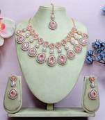 Pink rose gold premium designer american diamond and stone work necklace set