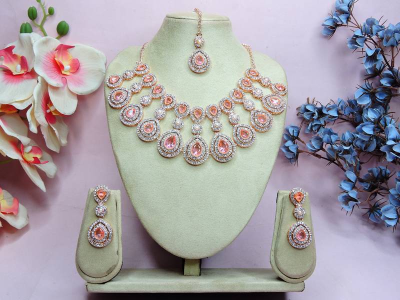 Pink rose gold premium designer american diamond and stone work necklace set