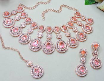 Pink rose gold premium designer american diamond and stone work necklace set 3