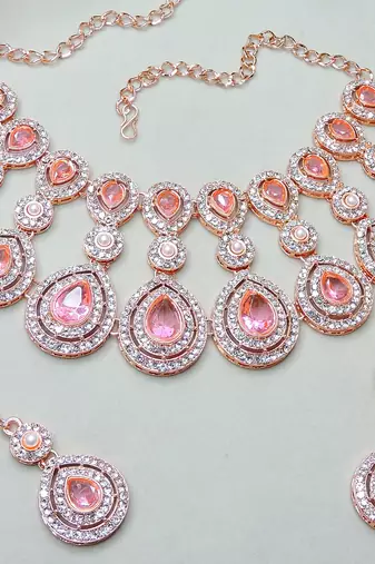 Pink rose gold premium designer american diamond and stone work necklace set