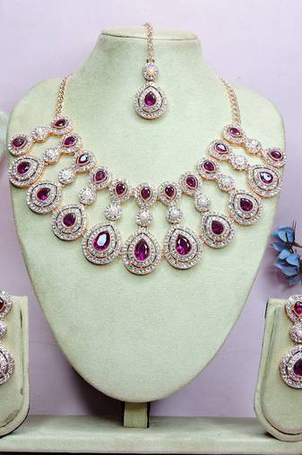 Purple rose gold premium designer american diamond and stone work necklace set