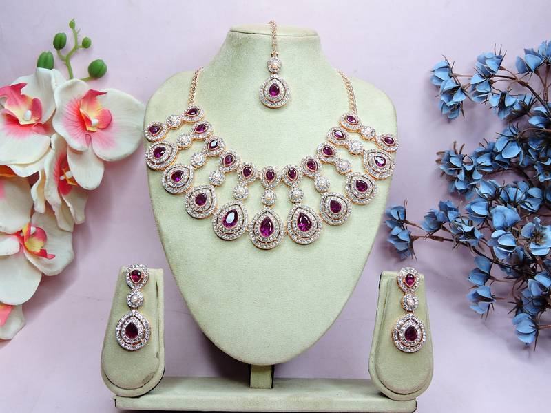 Purple rose gold premium designer american diamond and stone work necklace set