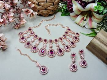 Purple rose gold premium designer american diamond and stone work necklace set 2