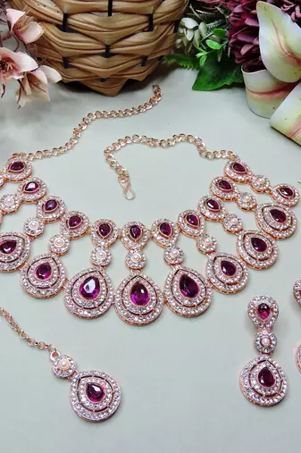 Purple rose gold premium designer american diamond and stone work necklace set