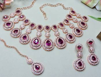 Purple rose gold premium designer american diamond and stone work necklace set 3