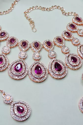Purple rose gold premium designer american diamond and stone work necklace set