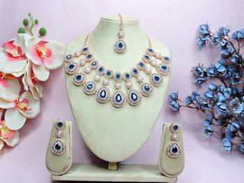 Blue rose gold premium designer american diamond and stone work necklace set 1