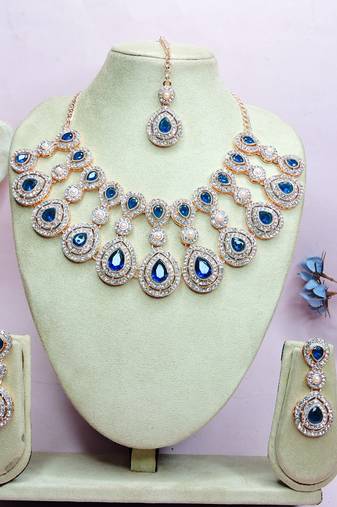 Blue rose gold premium designer american diamond and stone work necklace set