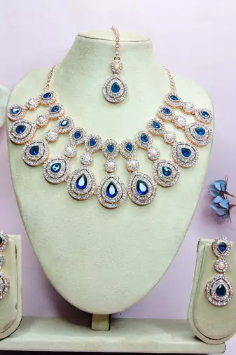Blue rose gold premium designer american diamond and stone work necklace set