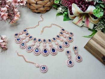 Blue rose gold premium designer american diamond and stone work necklace set 2