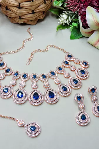 Blue rose gold premium designer american diamond and stone work necklace set