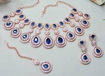 Blue rose gold premium designer american diamond and stone work necklace set 3
