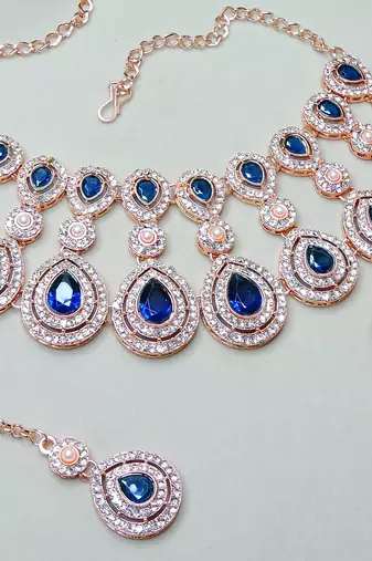 Blue rose gold premium designer american diamond and stone work necklace set