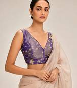 Purple embroidered padded v neck designer saree blouse