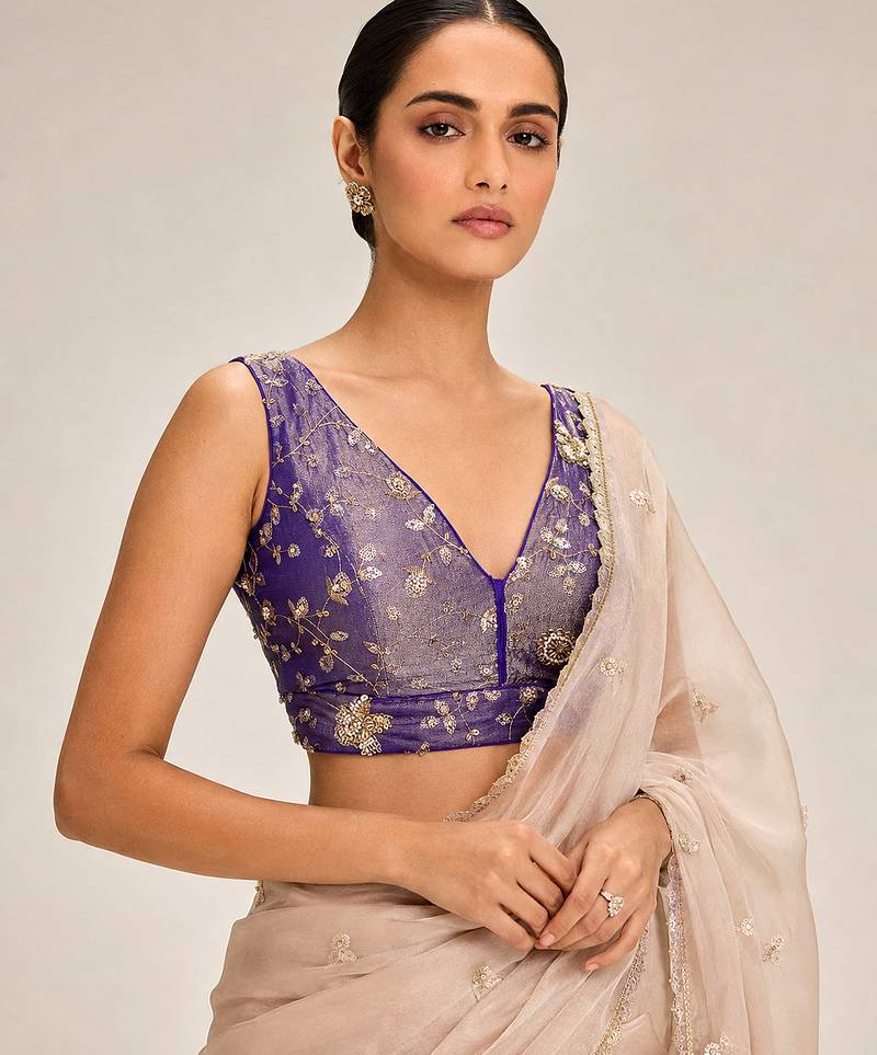 Purple embroidered padded v neck designer saree blouse