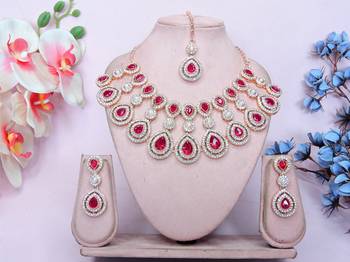 Pink rose gold premium designer american diamond and stone work necklace set 1