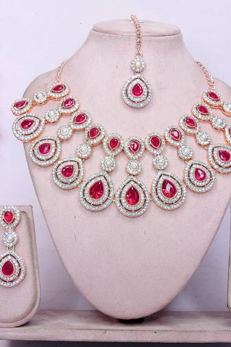 Pink rose gold premium designer american diamond and stone work necklace set