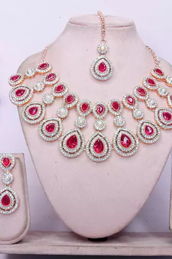 Pink rose gold premium designer american diamond and stone work necklace set