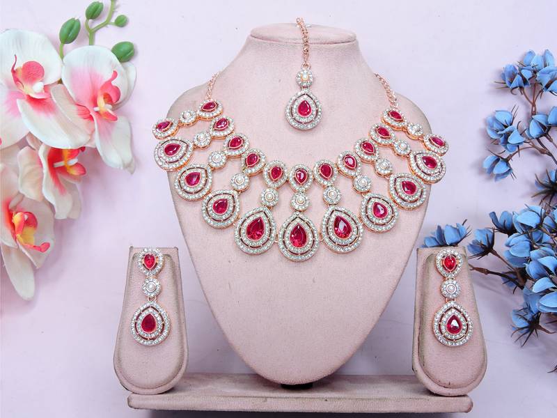 Pink rose gold premium designer american diamond and stone work necklace set