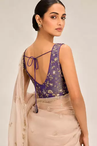 Purple embroidered padded v neck designer saree blouse