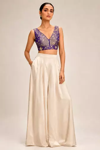 Purple embroidered padded v neck designer saree blouse