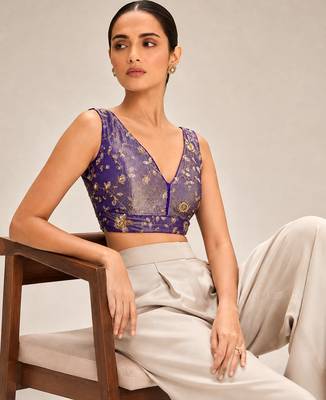 Purple embroidered padded v neck designer saree blouse 4