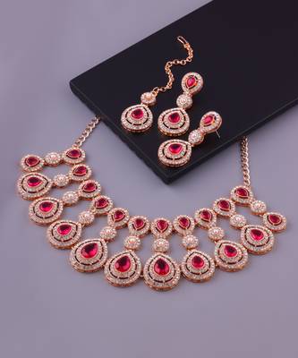 Pink rose gold premium designer american diamond and stone work necklace set 2