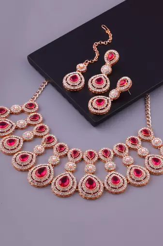 Pink rose gold premium designer american diamond and stone work necklace set